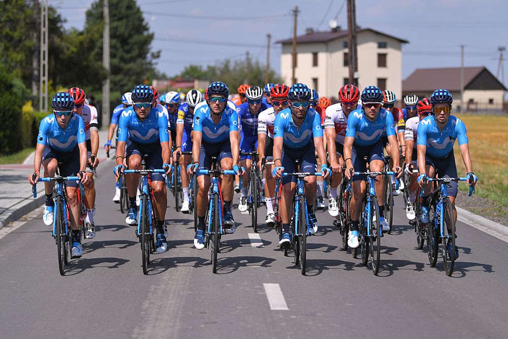 Movistar at the front of a neutralised stage 4 at the Tour de Pologne in memory of Bjorg Lambrecht
