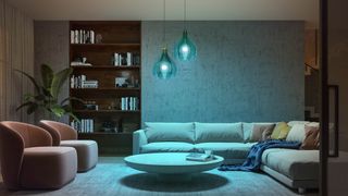 Philips Hue smart light bulbs illuminating blue in a lounge