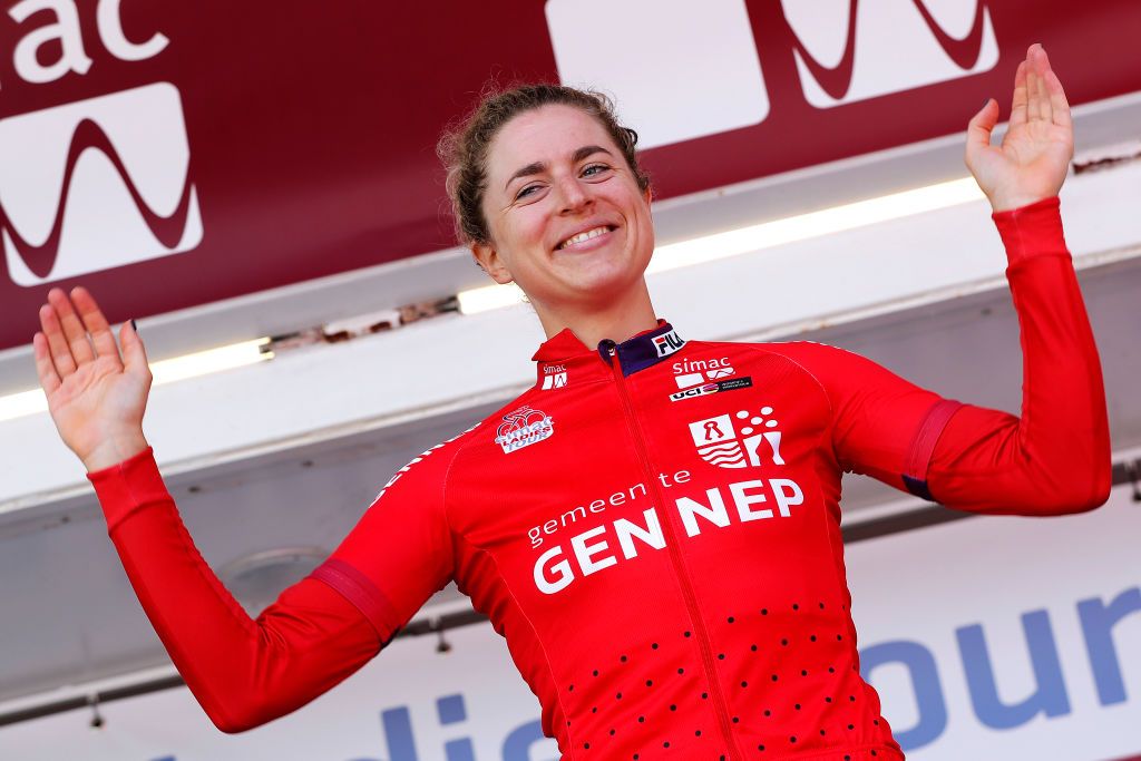 GENNEP NETHERLANDS AUGUST 26 Marlen Reusser of Switzerland and Ale Btc Ljubljana Team celebrates at podium as stage winner during the 23rd Simac Ladies Tour 2021 Stage 2 a 222km Individual Time Trial stage from Gennep to Gennep SLT2021 UCIWWT on August 26 2021 in Gennep Netherlands Photo by Bas CzerwinskiGetty Images