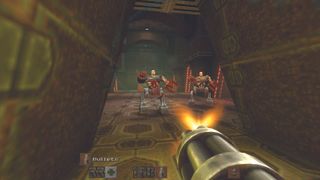 Shooting at a Gladiator Strogg in Quake 2.