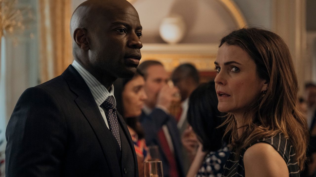 David Gyasi as Austin Dennison, Keri Russell as Kate Wyler in episode 203 of The Diplomat.