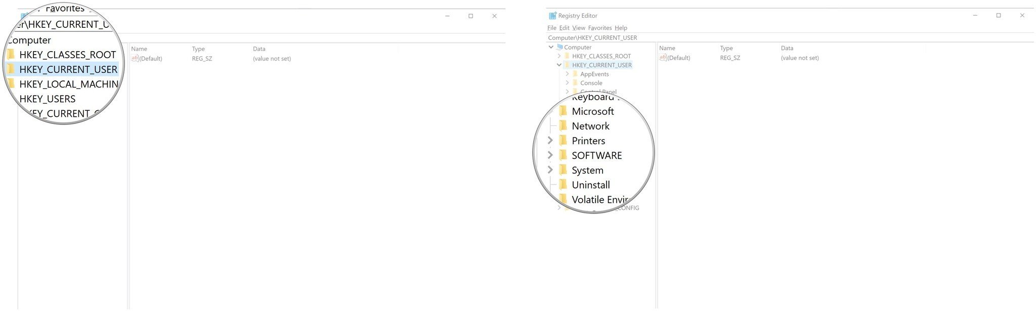 Double-click HKEY_CURRENT_USER. Double-click SOFTWARE.