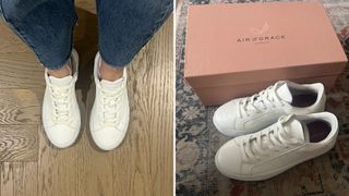 Caroline Parr wearing Air & Grace trainers, the trainers next to their box