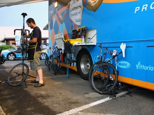 Tyler Farrar's bike is clean and ready for adjustments but still has to wait its turn.