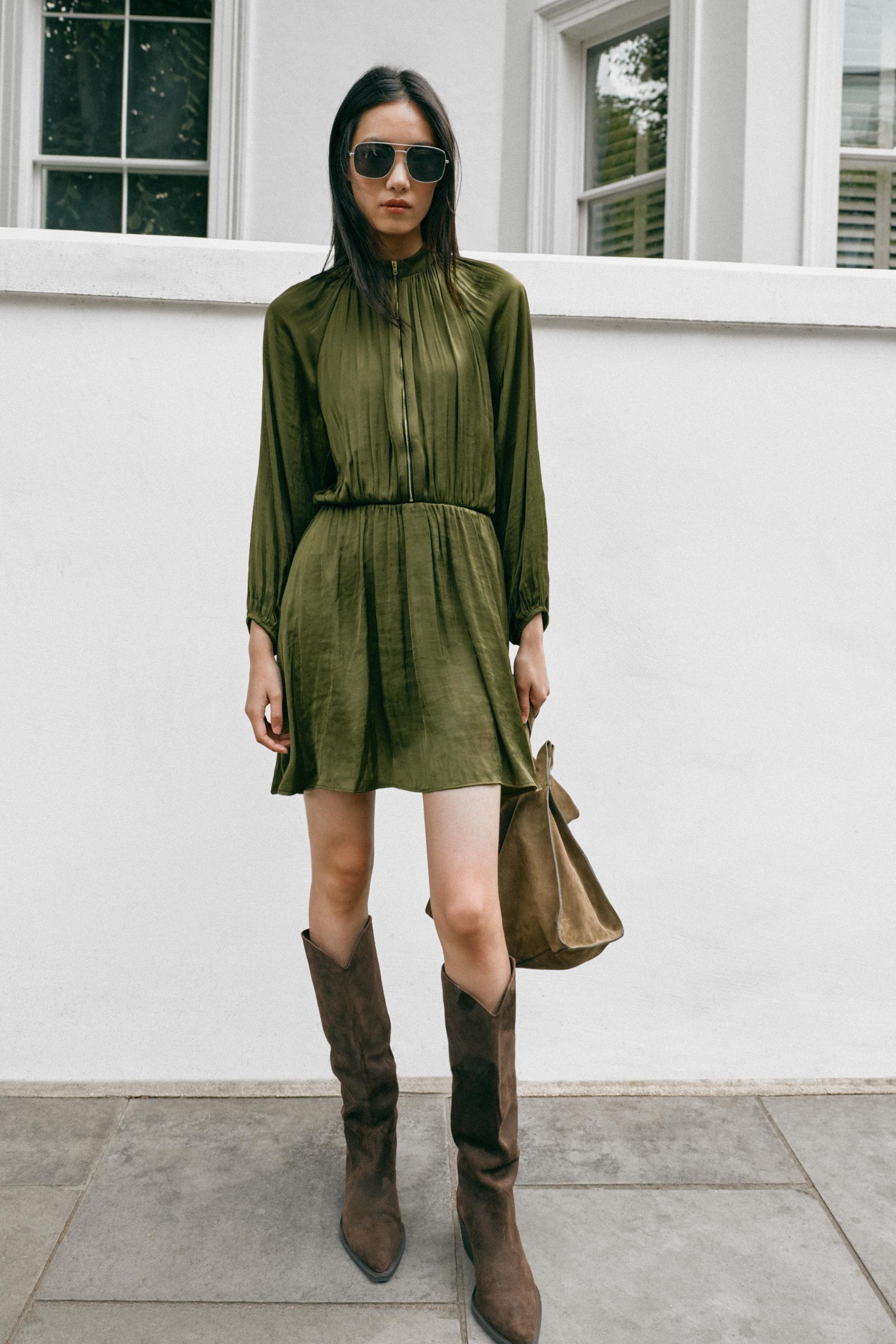 Zip Short Dress - Light Khaki - Xs