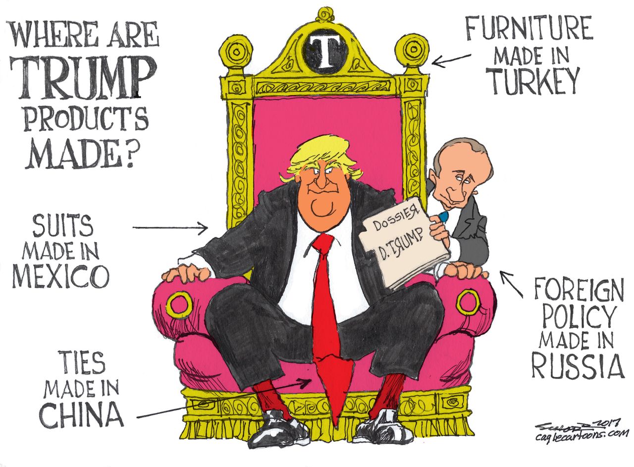 Political Cartoon U.S. Trump products foreign policy made in Russia