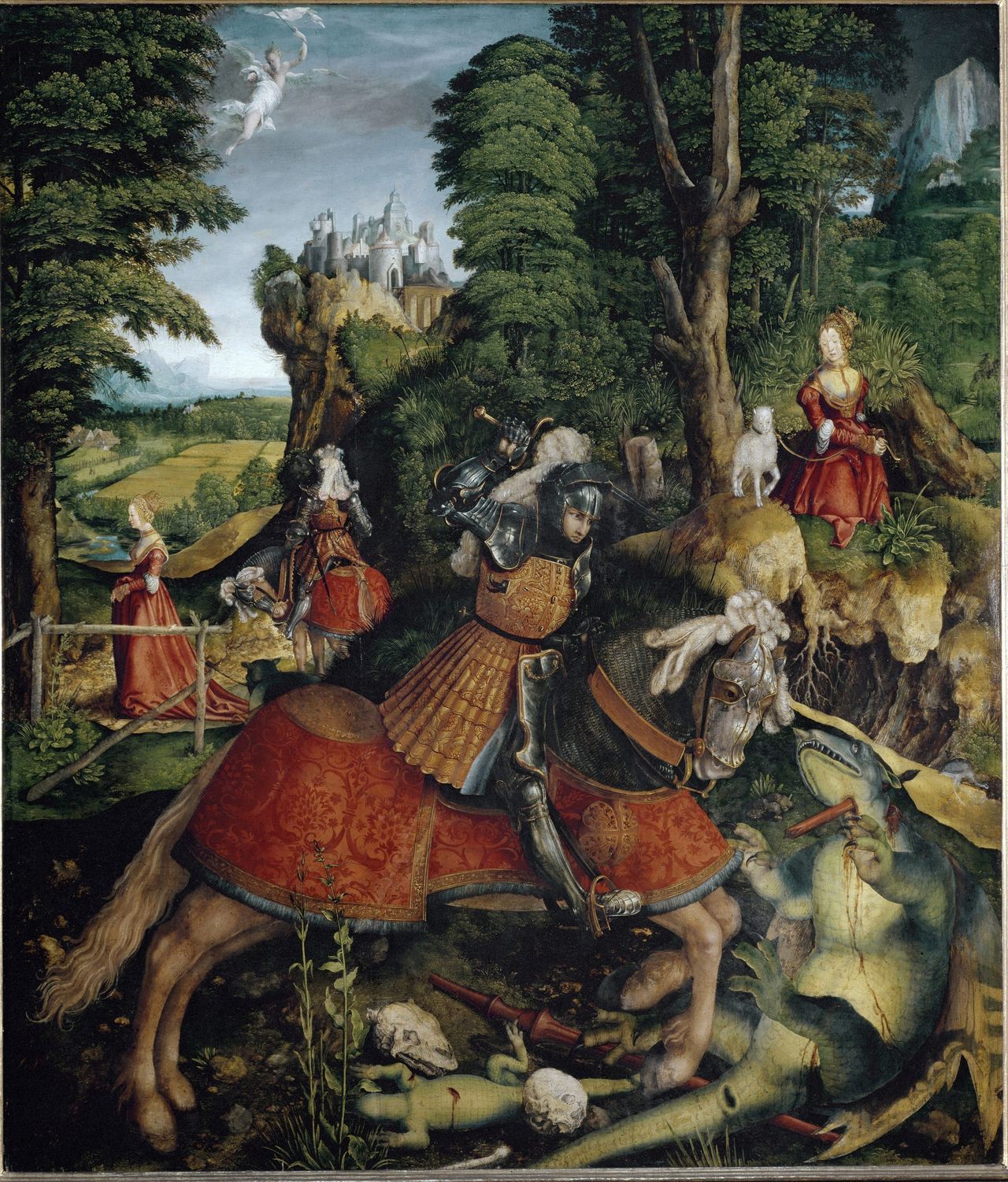 Saint George slaying the Dragon (Painting, 16th century) by Beck, Leonhard (c.1480-1542); Kunsthistorisches Museum, Vienna, Austria; Sun. 134,5x116 cm