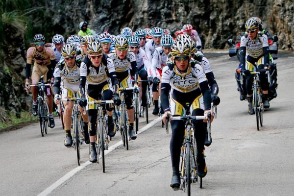 As soon as the peloton reached the first mountain, team HTC-Columbia came to the front to try and set the stage for local rider Vicente Reynes.