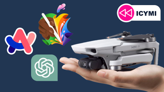 A DJI Drone on a person's palm surrounded by logos for Apple, ChatGPT and the Arc browser