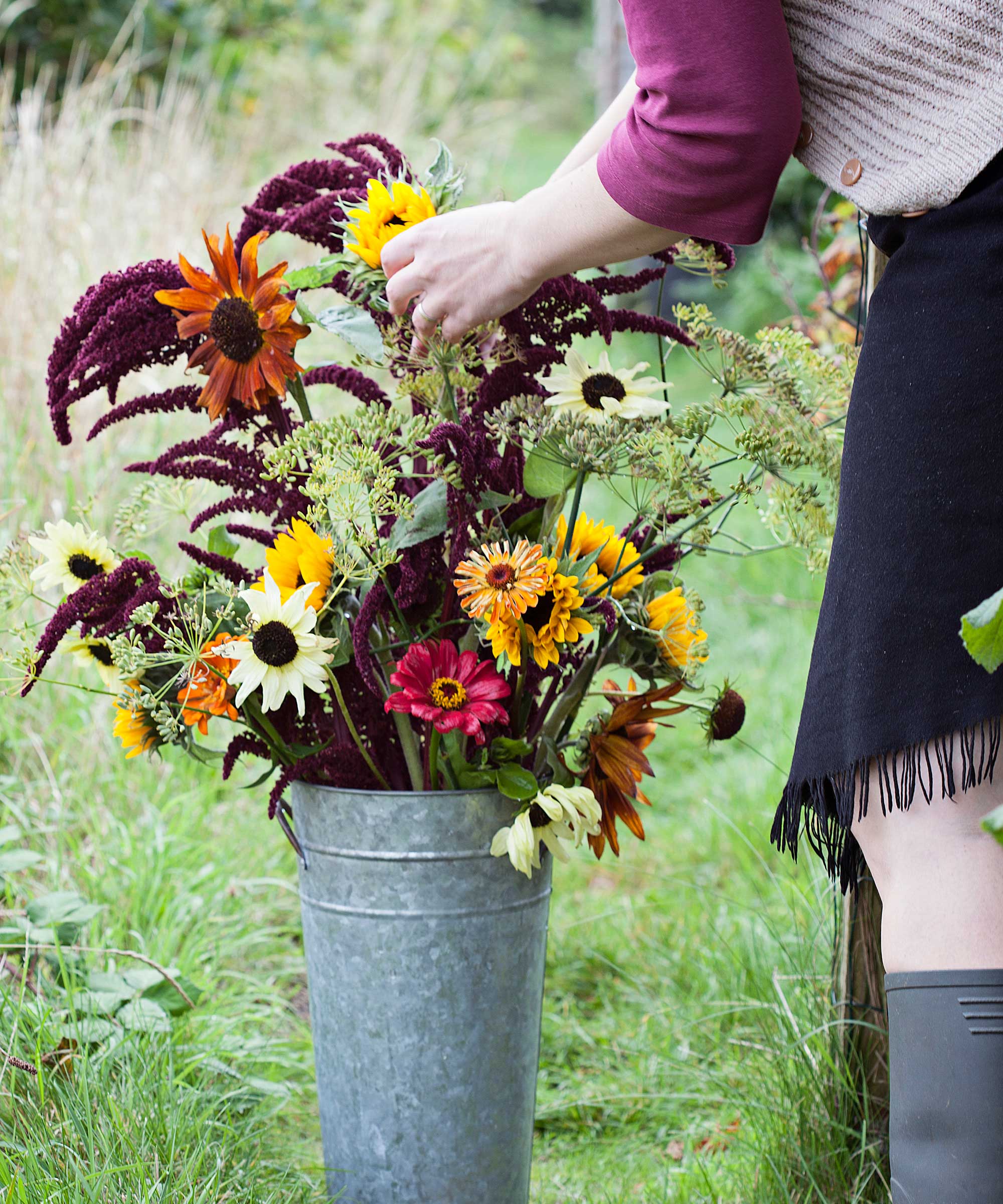 arranging late summer flowers in a metal bucket outdoors