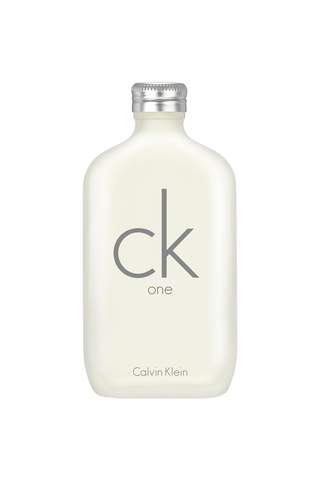 A bottle of CK One against a white background.