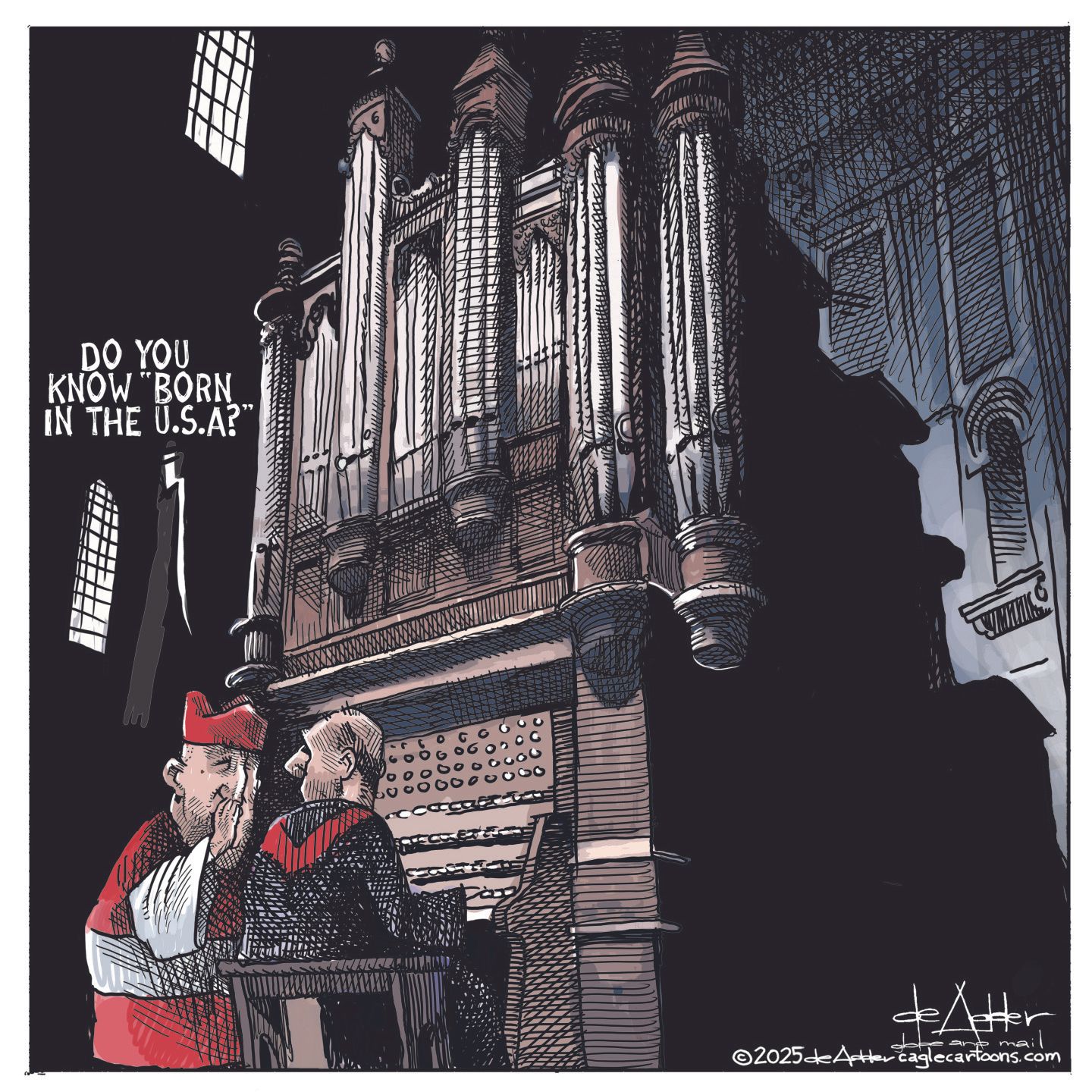 
                                This editorial cartoon takes place in the Vatican at a giant pipe organ. Pope Leo XIV speaks to a man seated at the organ and says: &quot;Do you know &#039;Born in the USA&#039;?&quot;
                            