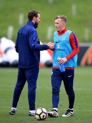 England manager Gareth Southgate (left) with James Ward-Prowse during a training session at St George’s Park