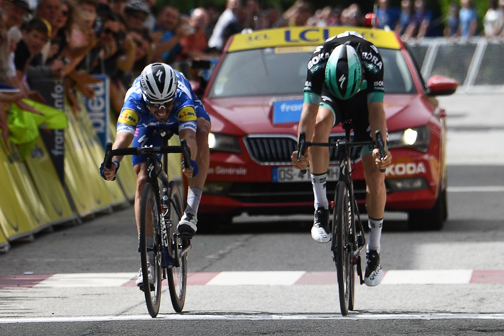Julian Alaphilippe (Deceuninck-Quick Step) beats Gregor Muhlberger (Bora-Hansgrohe) to win stage 6 at Criterium du Dauphine