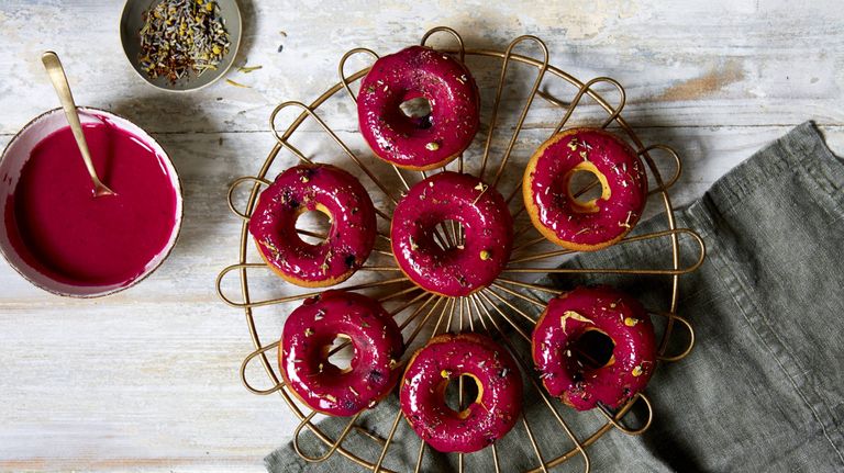 Blueberry baked doughnuts with floral glaze