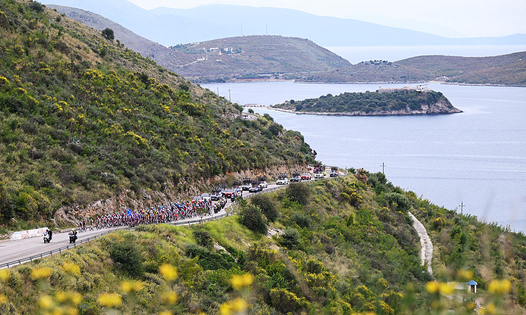 VLORE ALBANIA MAY 11 A general view of the peloton passing through a landscape during the 108th Giro dItalia 2025 Stage 3 a 160km stage from Vlore to Vlore UCIWT on May 11 2025 in Vlore Albania Photo by Dario BelingheriGetty Images