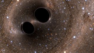 A simulation of a pair of merging black holes.