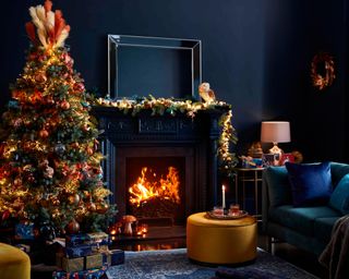 A navy and copper Christmas decorating scheme with fireplace