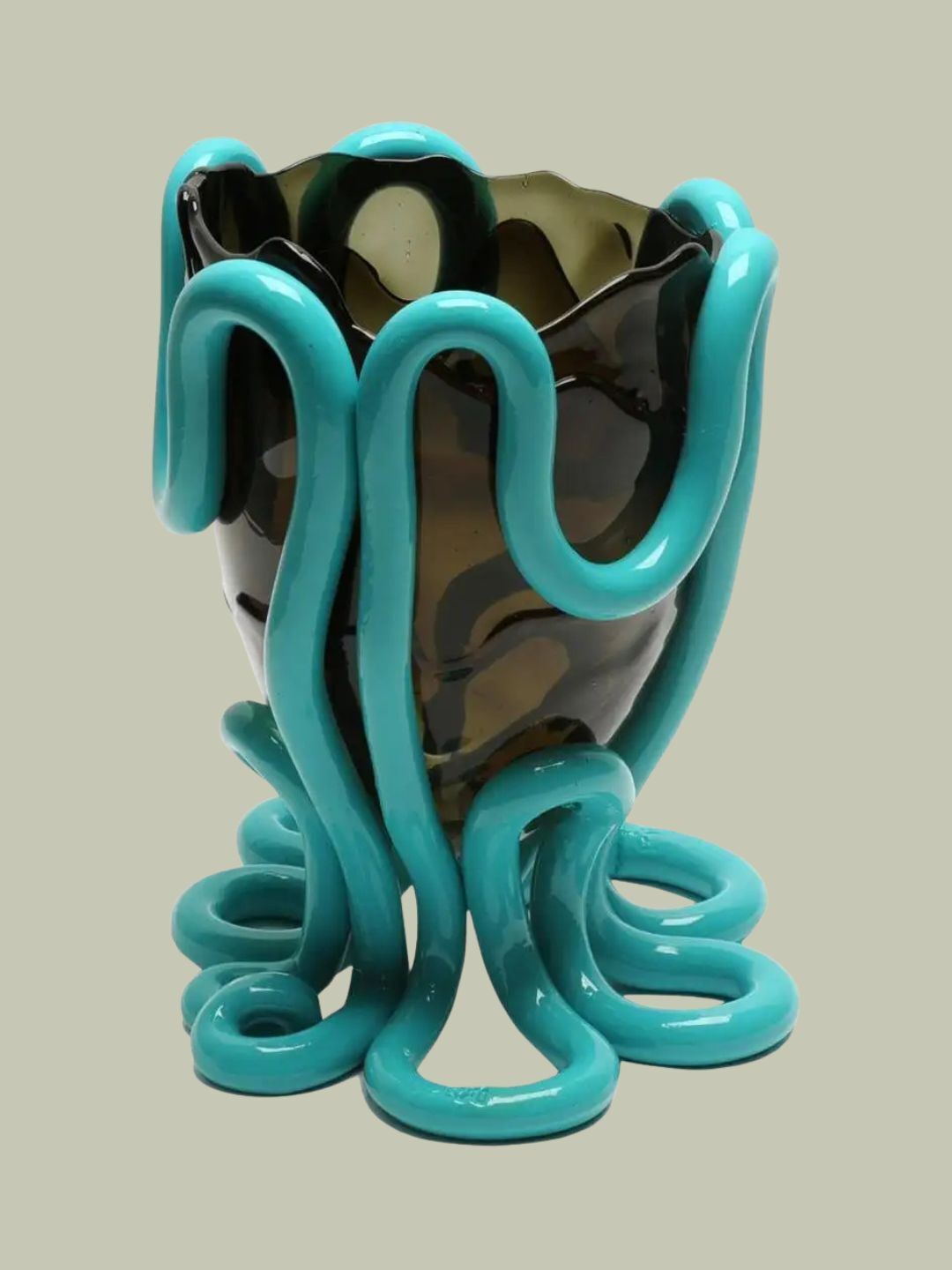 Gaetano Pesce Indian Summer Vase M Resin Grey Turquoise against pale green background.