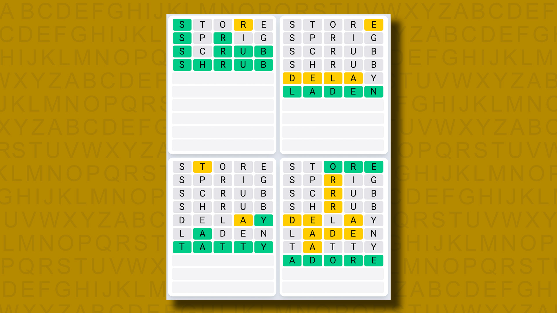 Quordle Daily Sequence answers for game 1304 on a yellow background