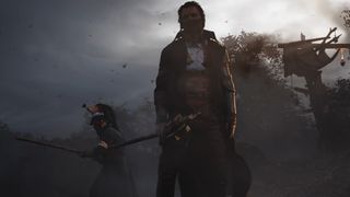 Hunger screenshot showing two characters standing under overcast skies, with melee weapons drawn