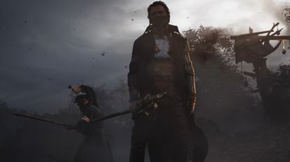 Hunger screenshot showing two characters standing under overcast skies, with melee weapons drawn