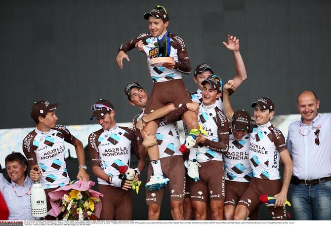AG2R La Mondiale celebrates its status as overall team classification winners by hoisting Pozzovivo aloft