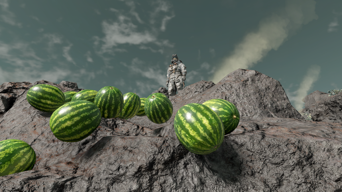 Watermelons tumbling down a rocky hill in Starfield.