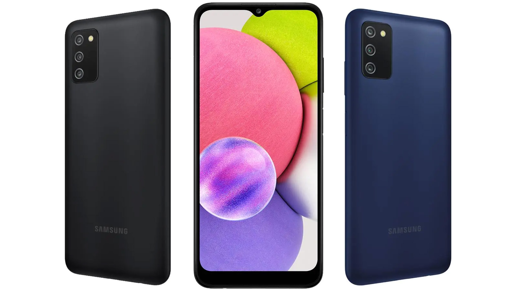 Telefonun önünü ve arkasını iki renk grubunda gösteren Samsung Galaxy A03s'in bir görüntüsü