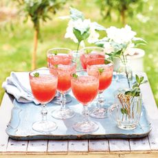 Frose in wine glasses on tray in garden