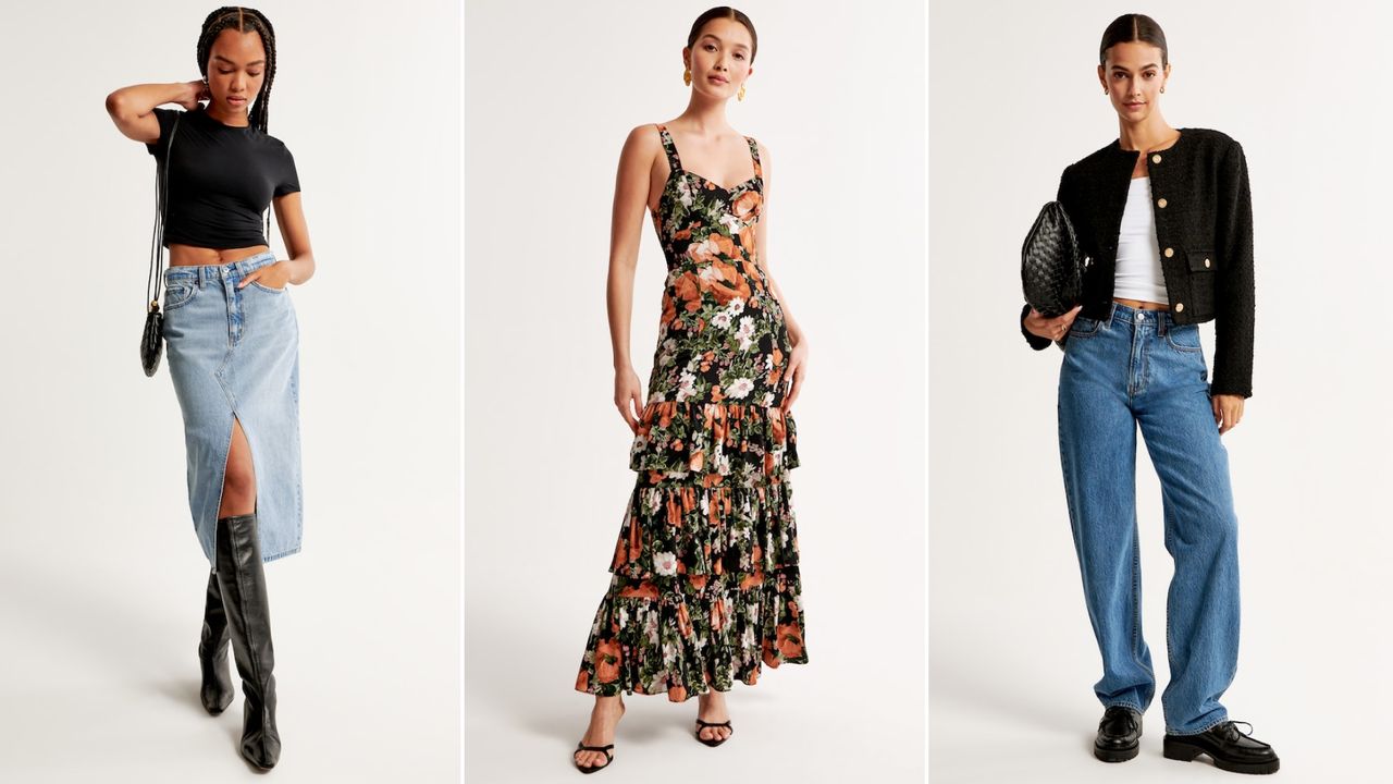 Split Image of model wearing Abercrombie denim skirt, floral maxi dress, and tweed jacket