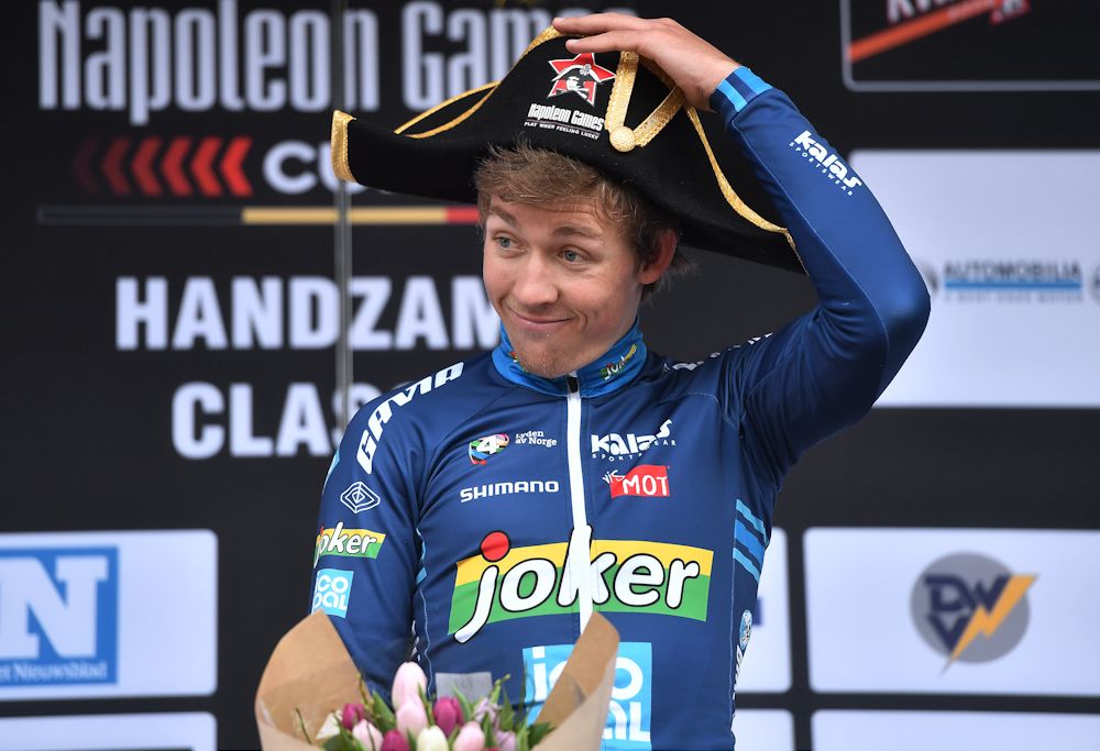 Winner Kristoffer Halvorsen (Joker Icopal) on the 2017 Handzame Classic podium