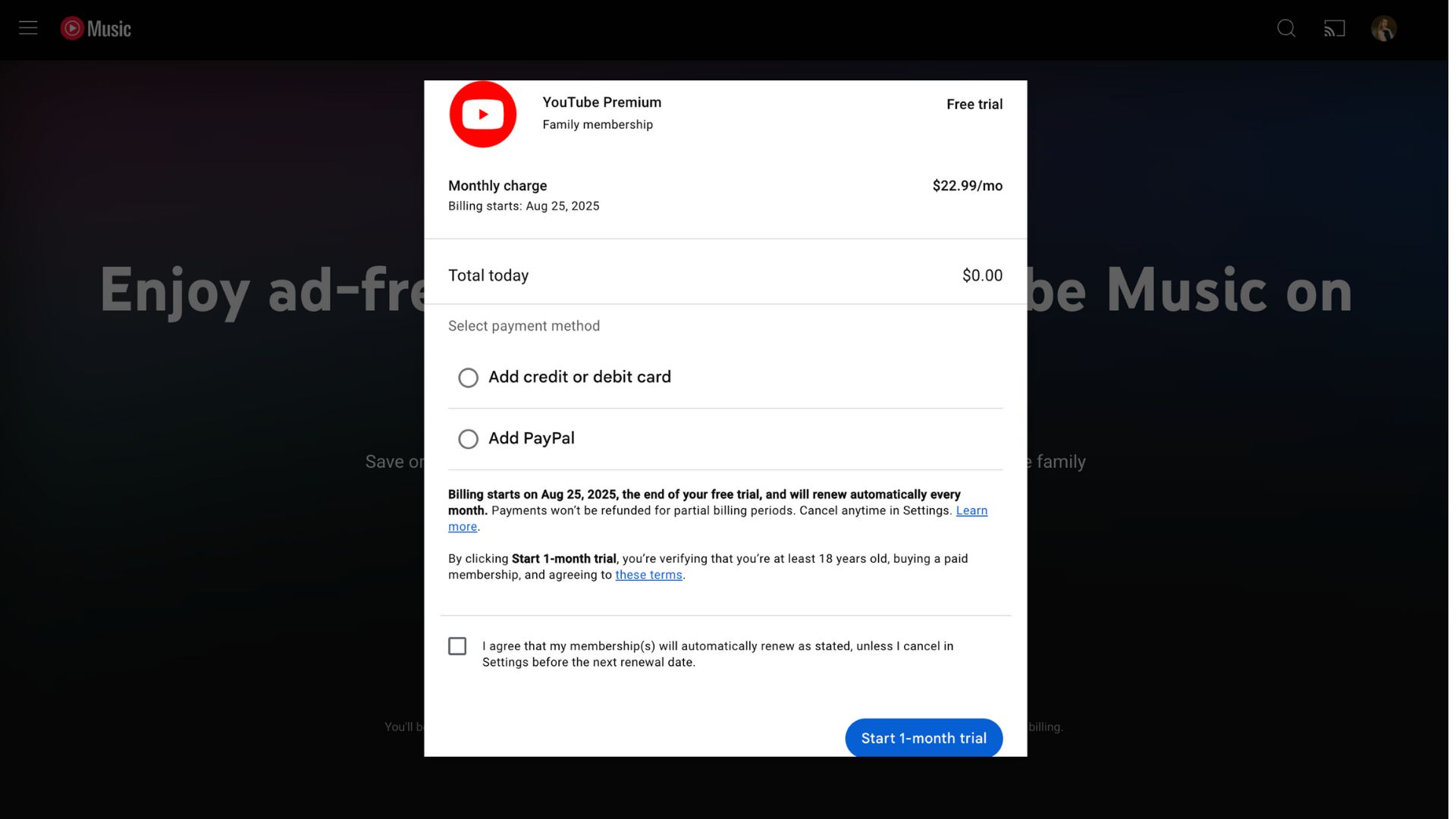 A screenshot of the YouTube Premium payment page