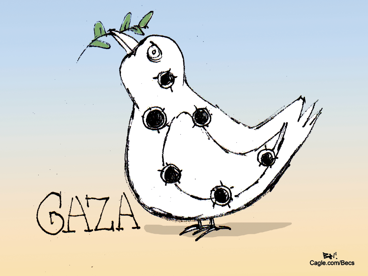 This cartoon is titled &amp;ldquo;GAZA&amp;rdquo; and it shows a sad-looking dove of peace marred by bullet holes.