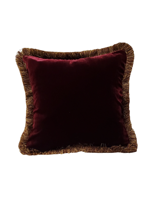 Burgundy and Gold Fringe Silk Velvet Throw Pillow