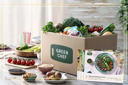a Green Chef recipe box on a kitchen counter surrounded by ingredients and the recipe guides