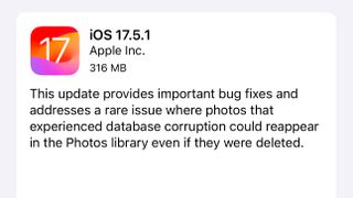 A screenshot of the iOS 17.5 patch notes, addressing the photo un-deleting bug