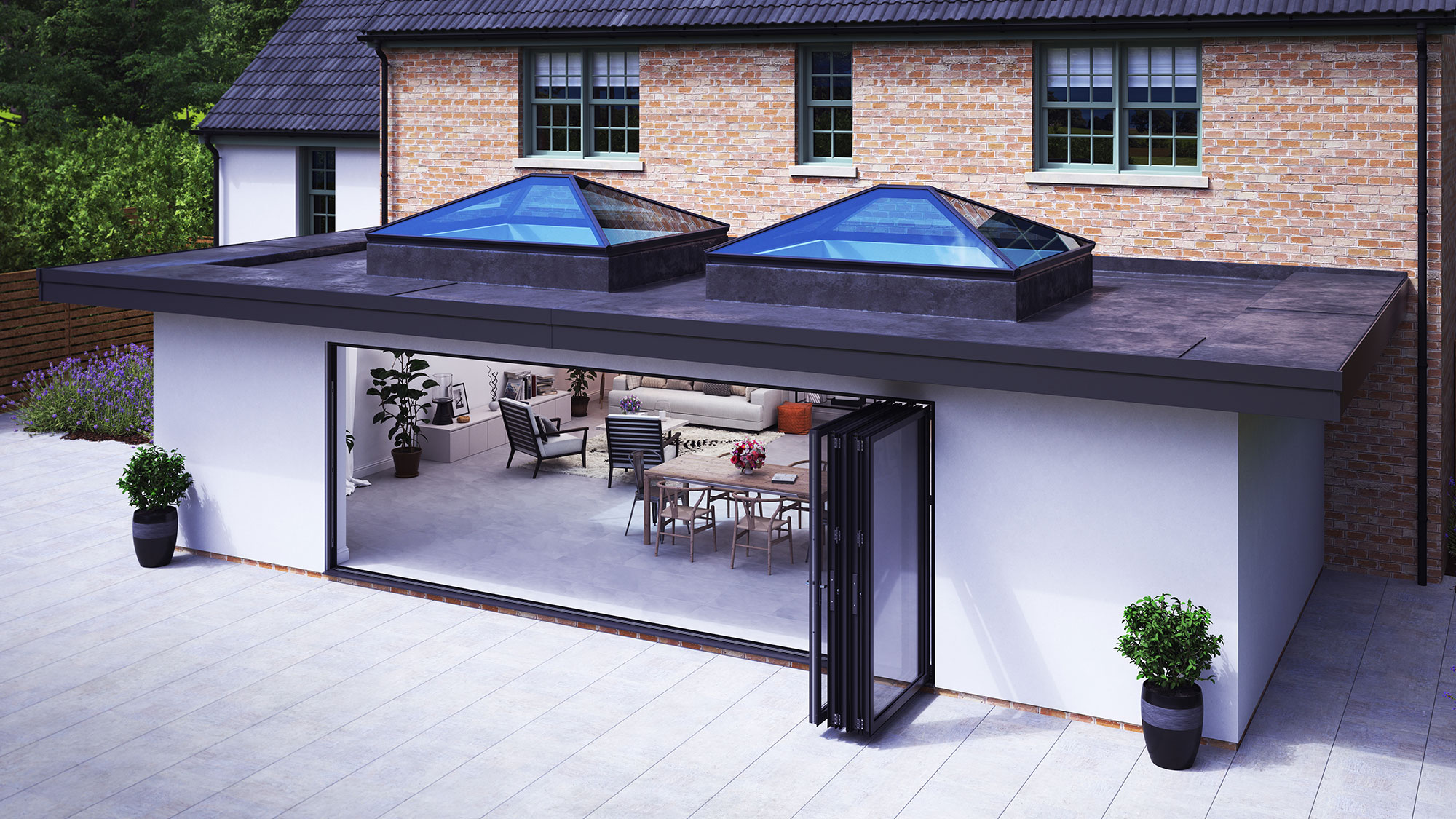 large rear extension with bifold doors and two roof lanterns