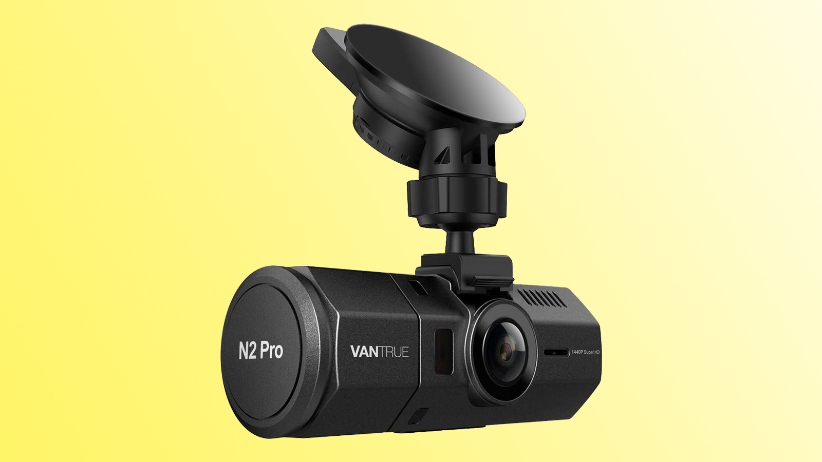 Vantrue N2 Pro, one of the best dash cam, against a yellow background