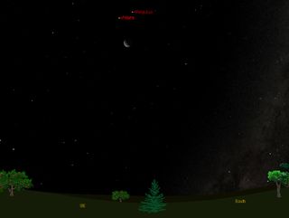 This sky map shows the locations of the moon, Mars and the bright star Regulus as they will appear at 5 am local time to observers at mid-northern latitudes.