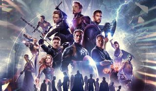 Avengers: Endgame full cast lineup in front of a glowing background