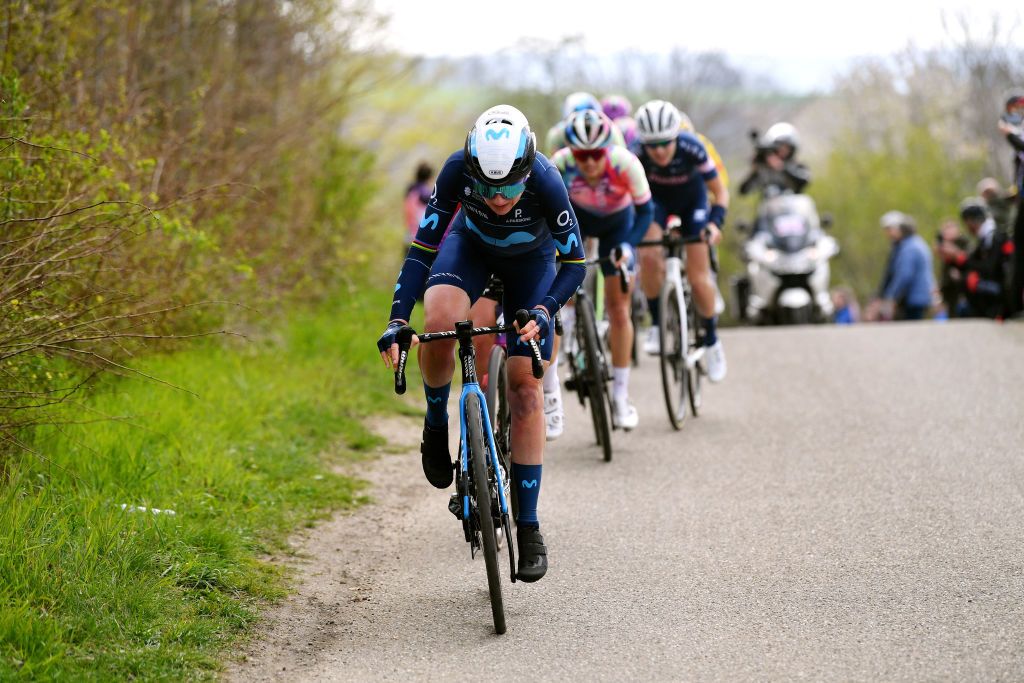 VALKENBURG NETHERLANDS APRIL 10 Annemiek Van Vleuten of Netherlands and Movistar Team competes in the breakaway during the 8th Amstel Gold Race Ladies Edition 2022 a 1285km one day race from Maastricht to Valkenburg UCIWWT AGR2022 on April 10 2022 in Valkenburg Netherlands Photo by Luc ClaessenGetty Images