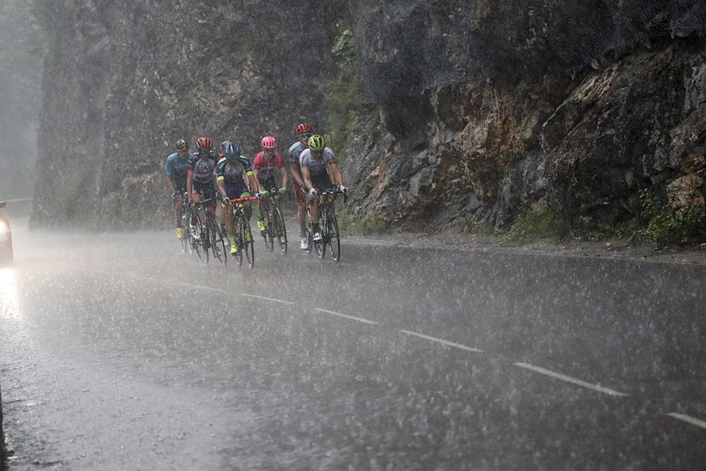 The rain pelts down on the breakaway at stage 4 of the Criterium du Dauphine