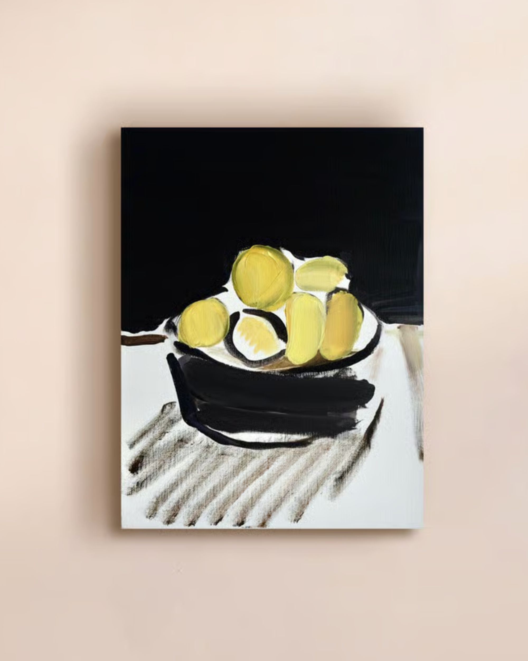 black, white, and yellow still life artwork