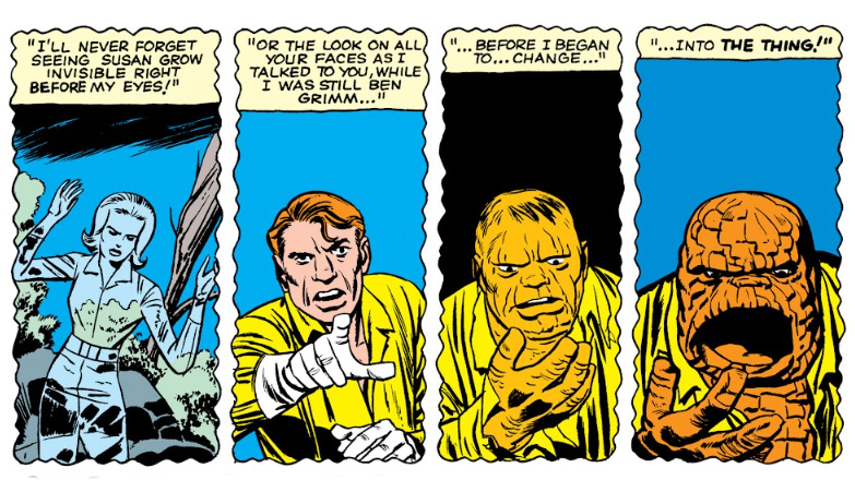 Ben Grimm transforms into The Thing, as drawn by Jack Kirby in The Fantastic Four #3.