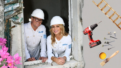 Amanda Holden and Alan Carr look out of a window framed by flowers, plus a montage of DIY materials