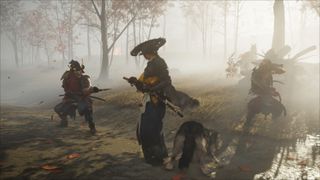 Atsu and her wolf companion fighting enemies in misty woods