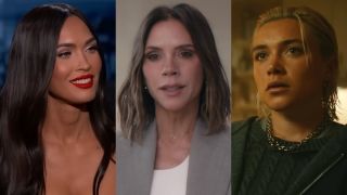 From left to right: Megan Fox on Jimmy Kimmel Live, Victoria Beckham in her documentary and Florence Pugh in Thunderbolts. 