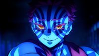 A close-up of the upper rank demon Akaza smiling while also glowing blue in the Demon Slayer Infinity Castle movie 