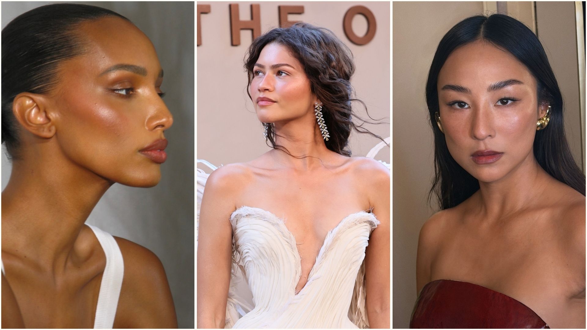 A collage of Jasmine Tookes, Zendaya and Greta Lee with dewy highlighter